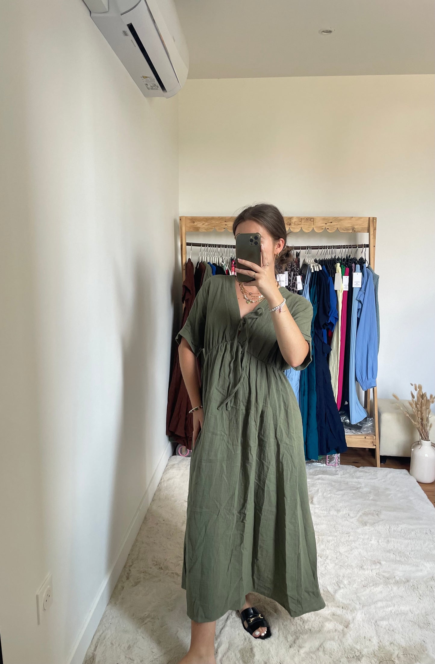 Robe longue - Gaze de coton kaki