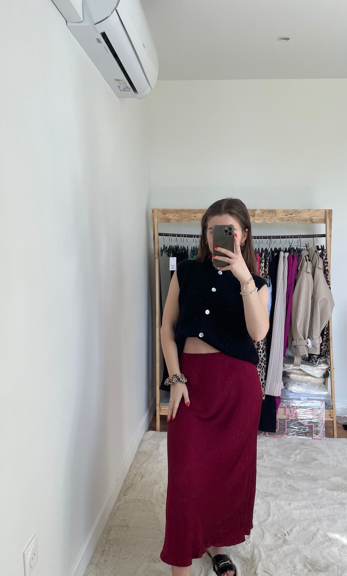 Jupe longue effet satinée - bordeaux