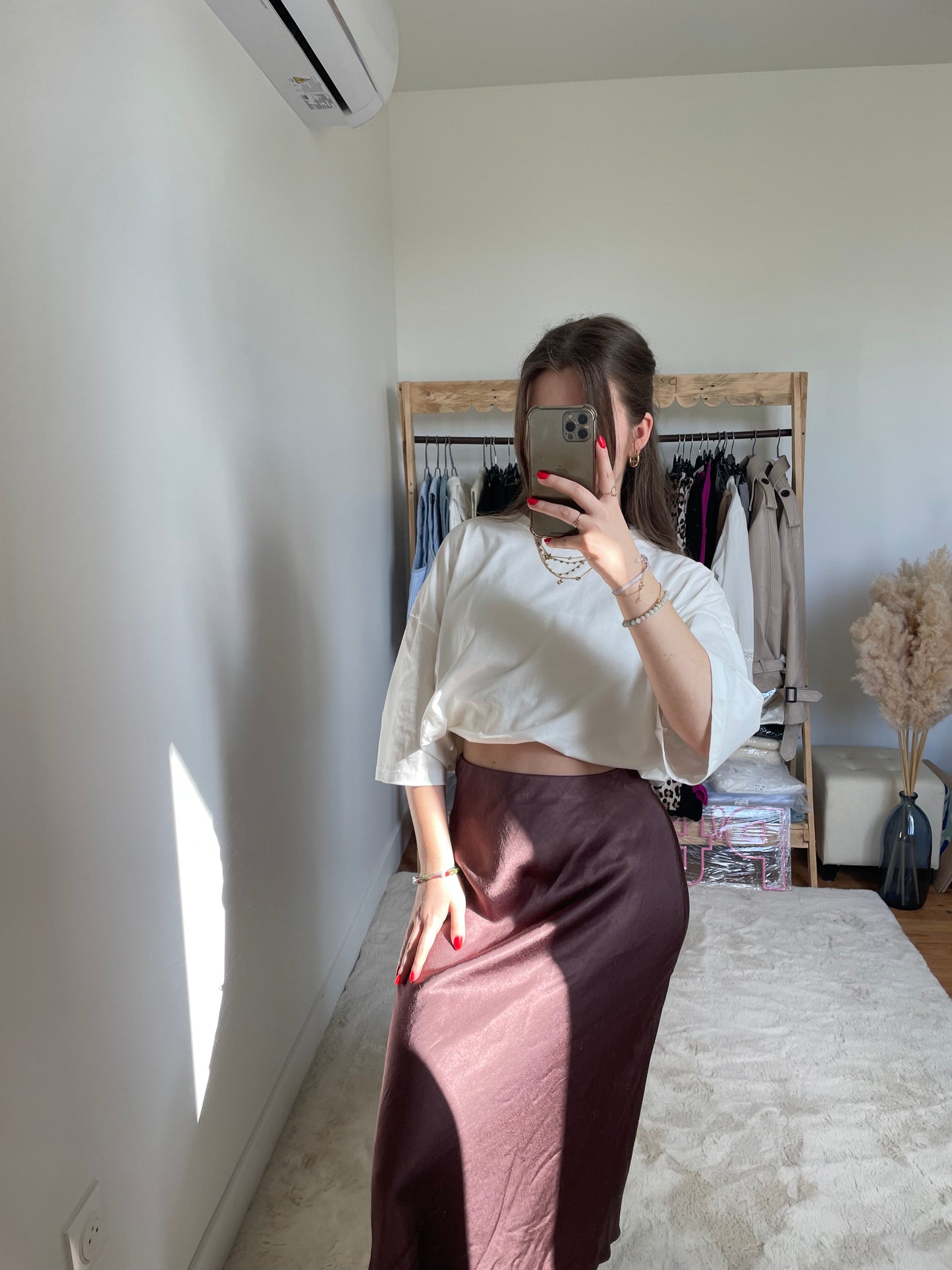 Jupe longue effet satinée - marron