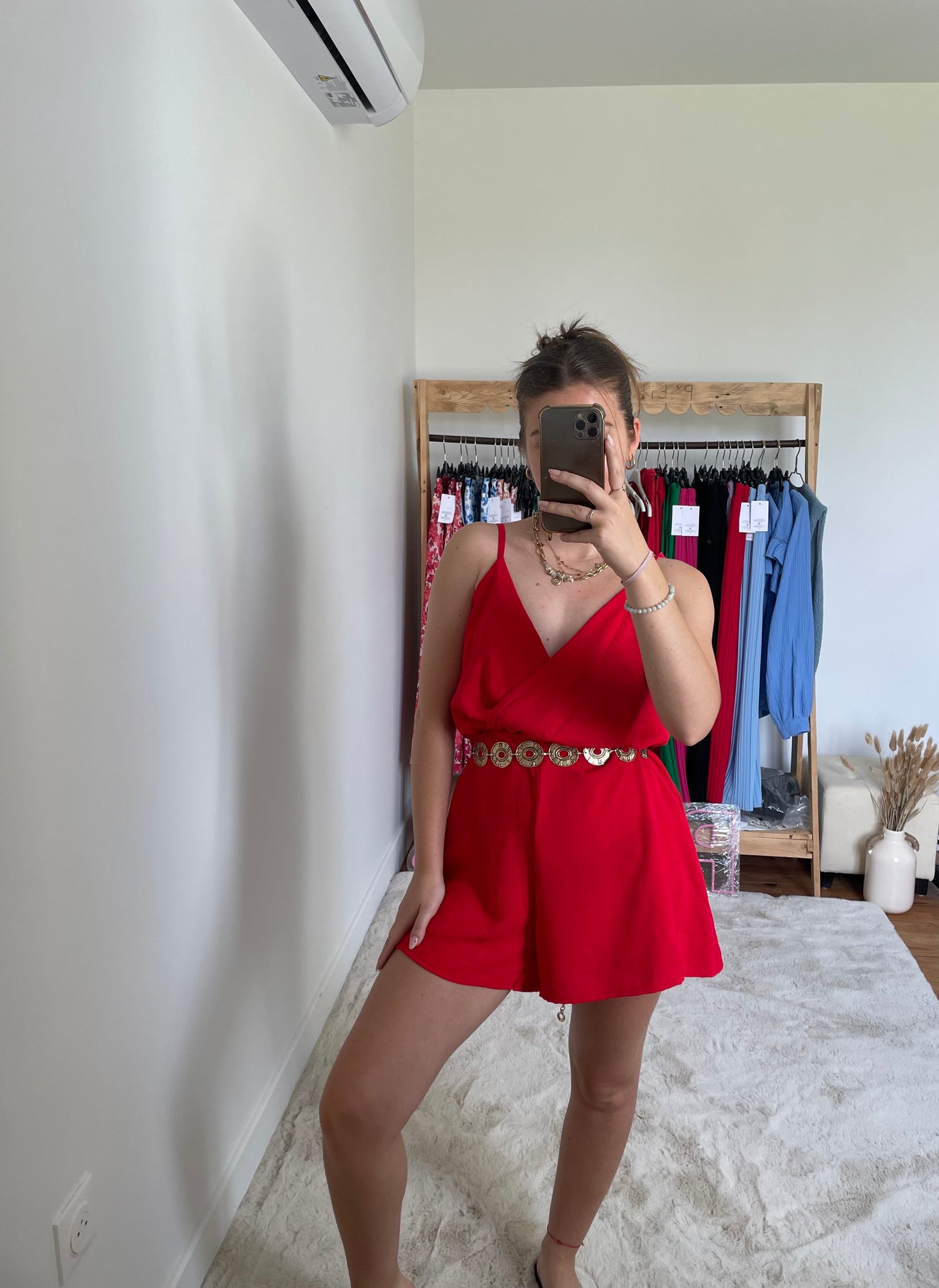 Combi-short à bretelles - rouge