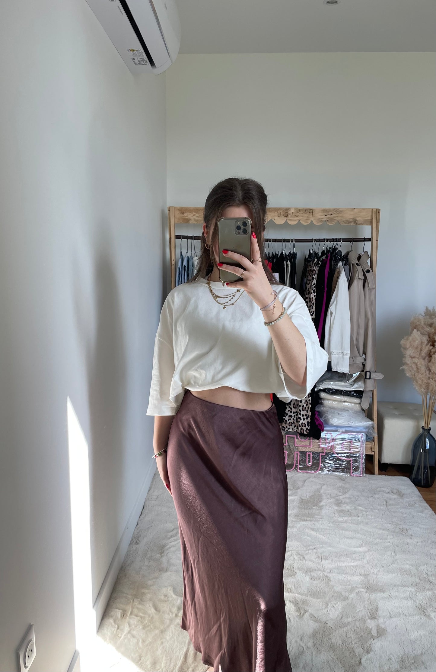 Jupe longue effet satinée - marron