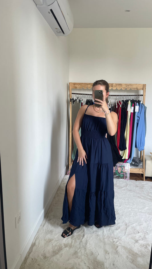 Robe longue fendue - Bleu marine