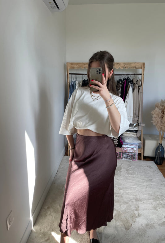 Jupe longue effet satinée - marron