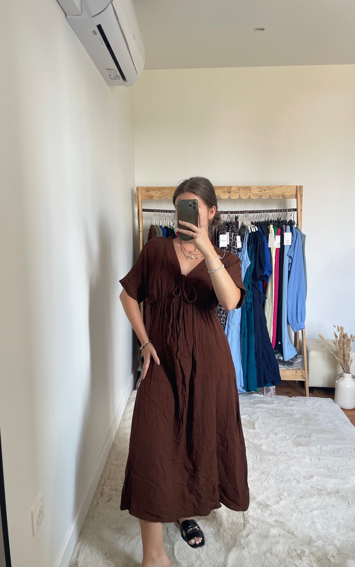 Robe longue - Gaze de coton marron